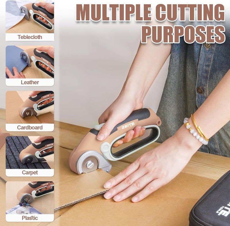 zeite 4V Cordless Electric Scissors Cardboard Cutter with 2 Blades,Storage Case,Rotary Cutter for Box Plastic Carpet Fabric, Easy to Hold and Safe,Mocha - Image 5
